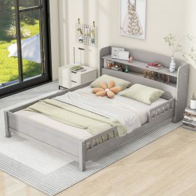 Wood Full Size Platform Bed with Built-in LED Light, Storage Headboard and Guardrail (Color: Antique Gray)