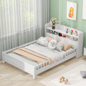 Wood Full Size Platform Bed with Built-in LED Light, Storage Headboard and Guardrail (Color: White)