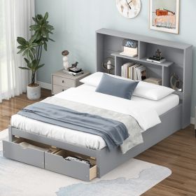 Full Size Platform Bed with Storage Headboard and 2 Drawers (Color: Gray)