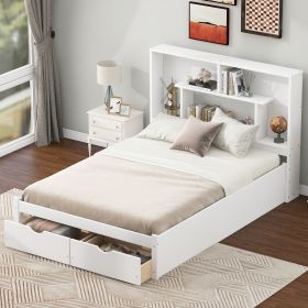 Full Size Platform Bed with Storage Headboard and 2 Drawers (Color: White)