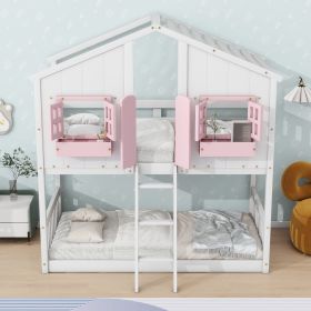 Twin over Twin House Bunk Bed with Roof , Window, Window Box, Door , with Safety Guardrails and Ladder (Color: Pink+White)