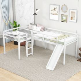 L-Shaped Twin Size Loft Bed with Ladder and Slide (Color: White)