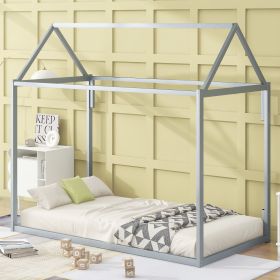 Metal House Shape Platform Bed (Color: Silver)